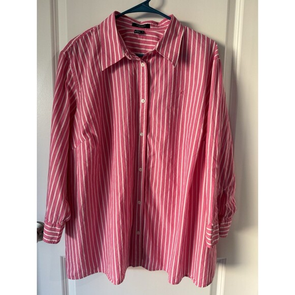 Chaps Pink Striped Button Up Shirt 3X XXXL Collared 3/4 Sleeve Top White Casual - Picture 1 of 11